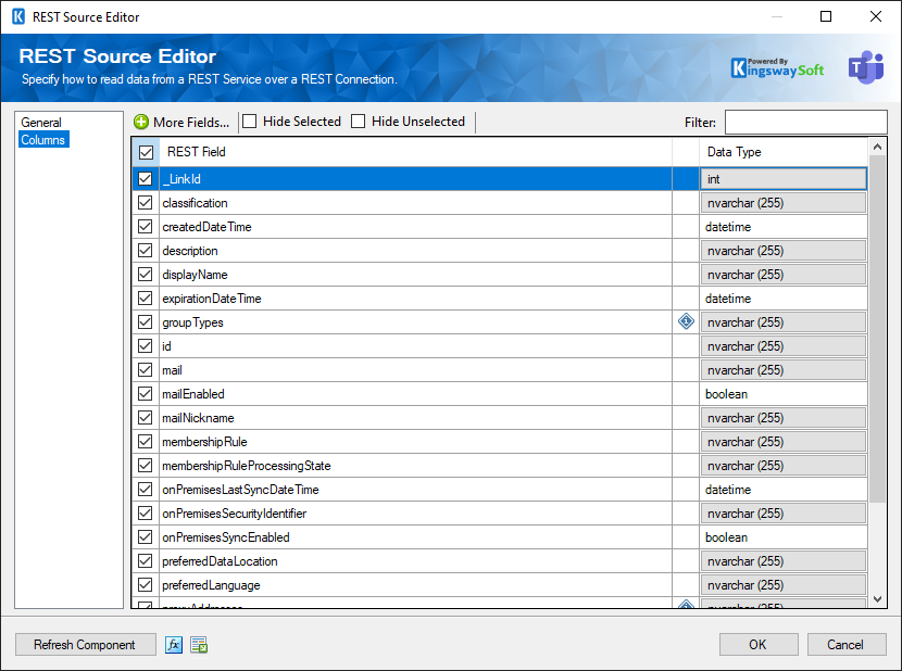 SSIS Microsoft Teams REST Source - Columns